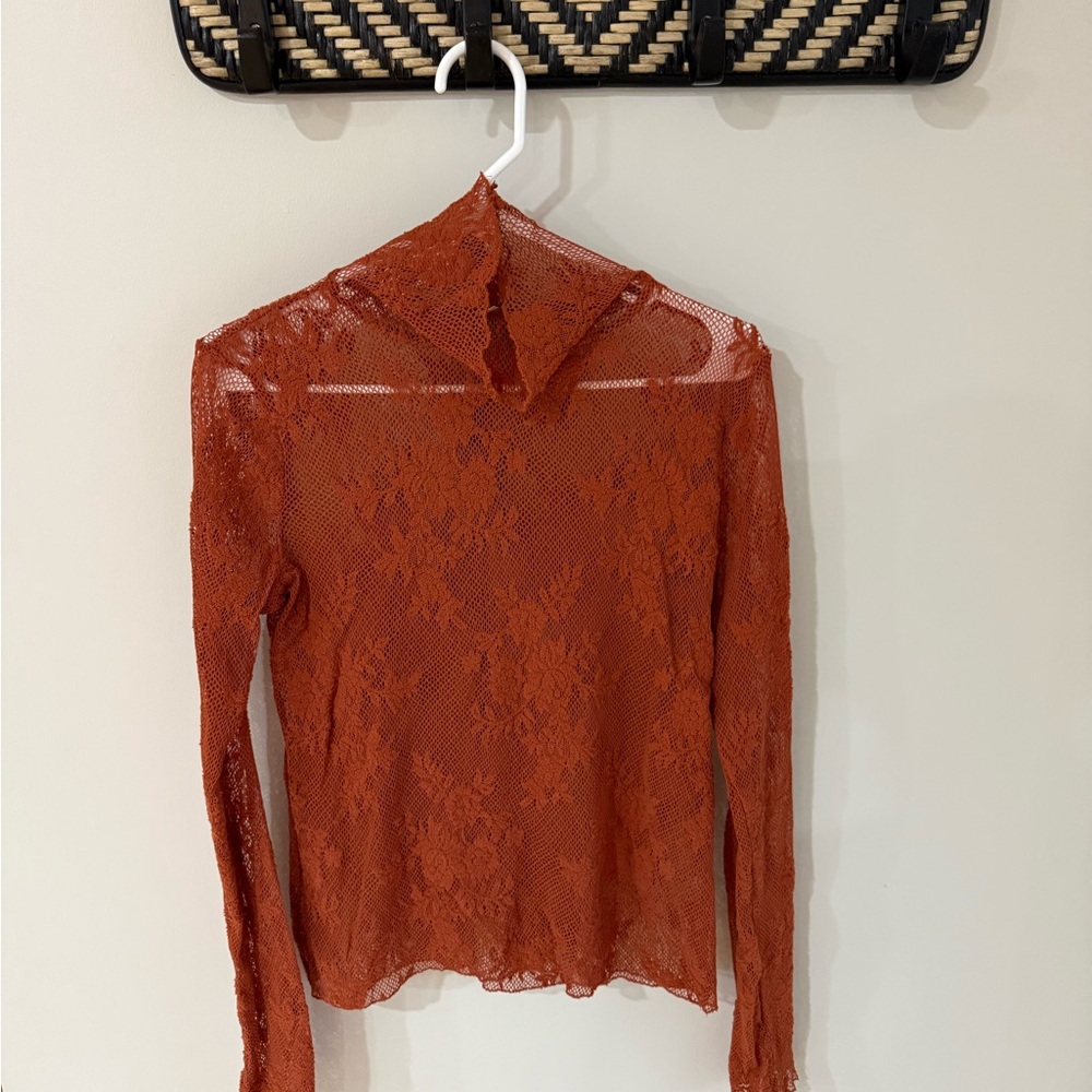 Free People Intimately Sweet Secrets Lace Long Turtleneck - Burnt Orange - Large - Picture 3 of 11